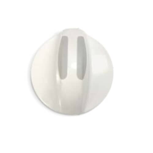 Side profile view of the white appliance knob, showing its gently sloped top surface.