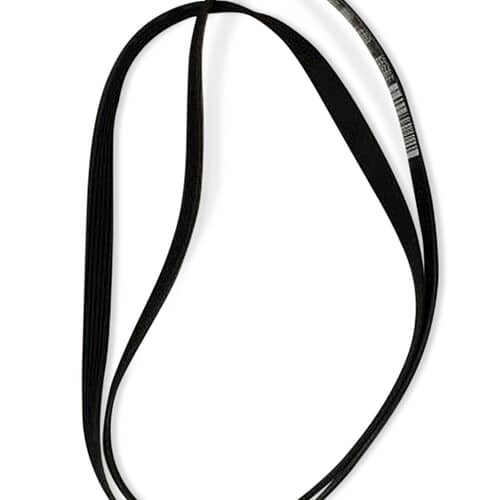 Close-up detail of the edge of the drive belt showing the distinct parallel ribs and the textured markings on the smooth side.