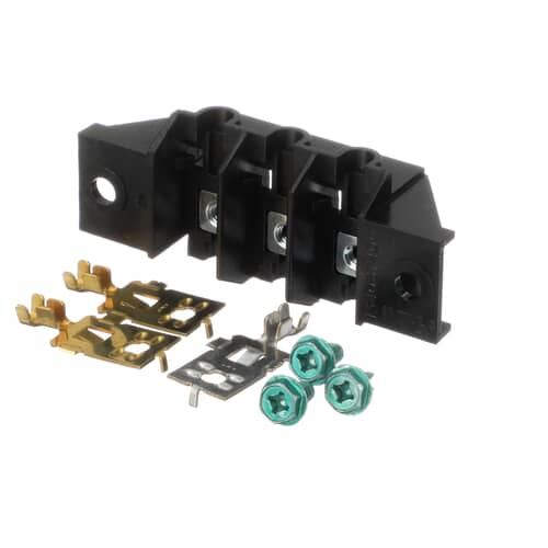 The black terminal block assembly shown slightly angled, with the gold and silver terminals partially inserted into the block.