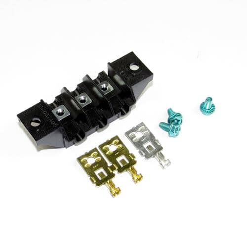 The black terminal block assembly with gold and silver spade connectors and green/blue screws shown on a white background.