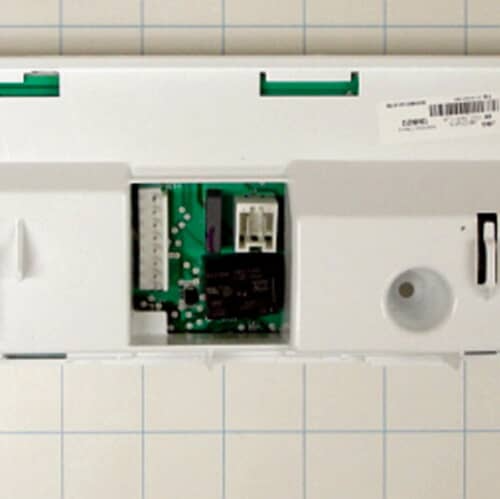 The rear view of the Electrolux control board housed in white plastic, showing a green circuit board visible through an access cutout.