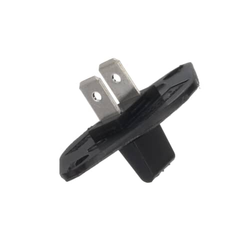 A close-up, top-down view of the black, flanged thermistor showing two metal spade terminals against a white background.