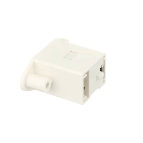 A white plastic drawer latch component shown at an angle against a white background, featuring a rectangular body and protruding shaft.