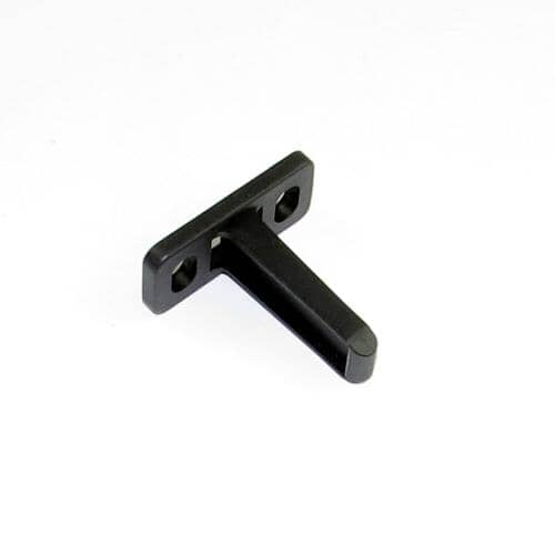 A black plastic T-shaped drawer strike component, showing the mounting flange with two screw holes and the locking tab end.