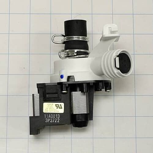 Angled view showing the white pump housing and black motor section of the 154580301 assembly.