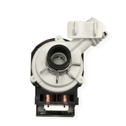 Close-up of the corrugated hose and black fitting ends on the dishwasher drain pump.