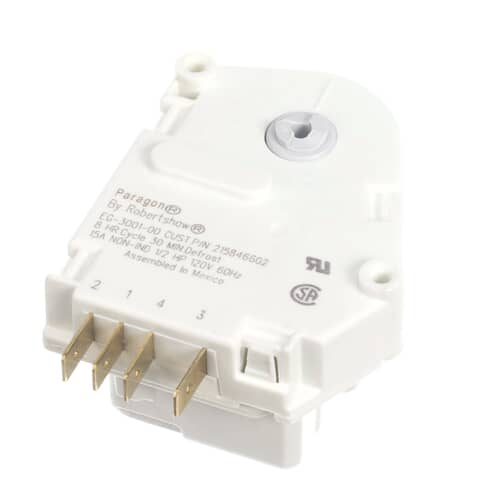 An Electrolux defrost timer showing the white housing, the silver motor dial, and the four gold electrical spade terminals.