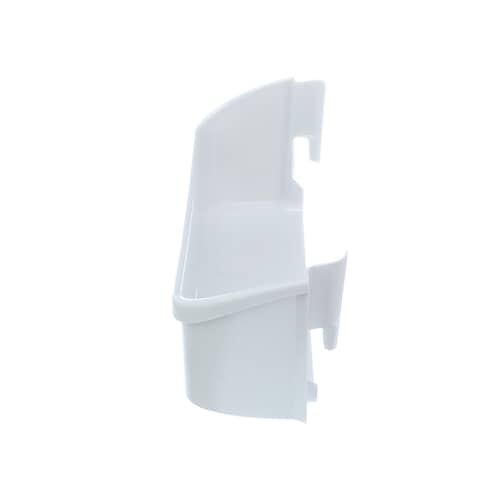 Close-up view showing the mounting tab and clips on the side of the white plastic door bin.
