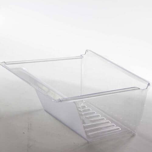 A clear plastic refrigerator crisper drawer shown at an angle against a white background, with visible horizontal ridges on the lower section.