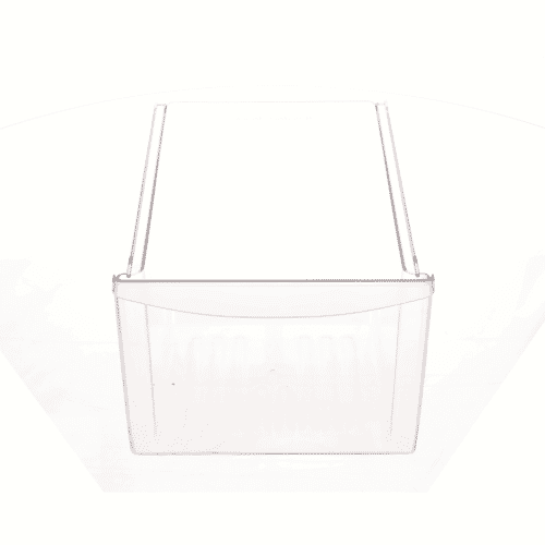 A front view of the clear plastic drawer showing the slight arc or curve in the top lip and the hanging mechanism details.