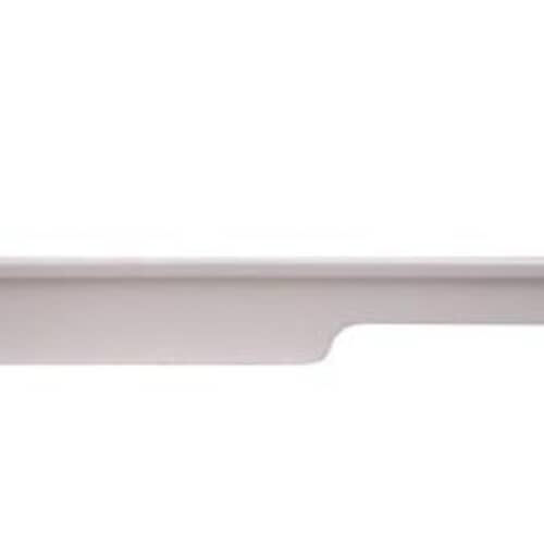 A close-up, cropped view showing the top edge and smooth, molded front rail of the white door bin.