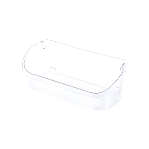 Side profile of the clear plastic gallon door bin, highlighting the height and the lip designed to hook onto the door liner.