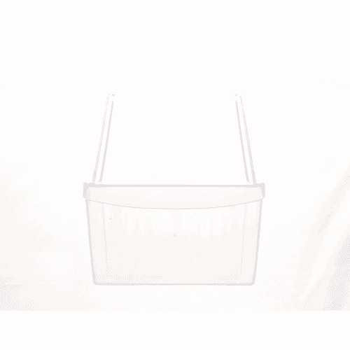 Side profile view of the clear crisper pan, showing its depth and the lip designed to slide onto the refrigerator frame.