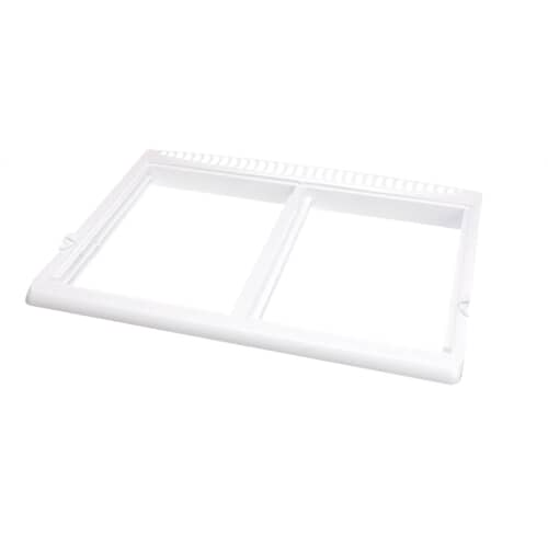 Angled view of the rectangular crisper cover frame, showing the snap-in tabs on the sides.