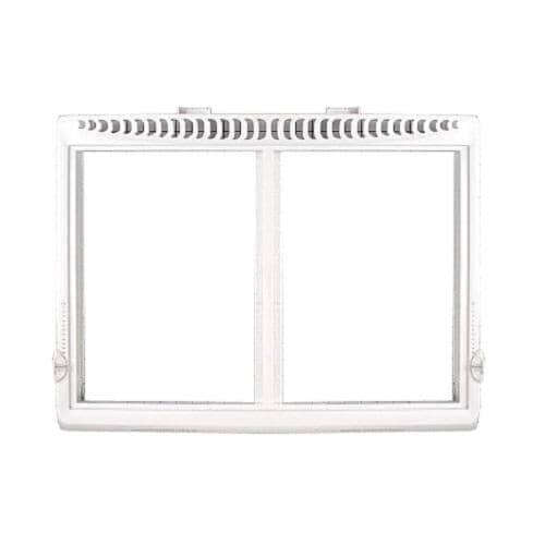 A white plastic crisper pan cover frame shown face-on, detailing the rectangular opening and the vent/slider area along the top edge.