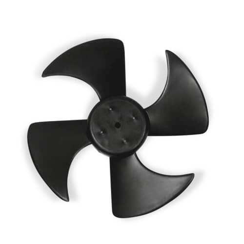 Top-down view of the black 240524102 condenser fan blade with five blades.