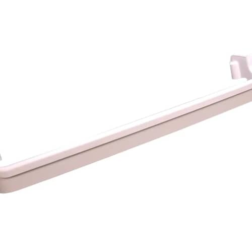 A white plastic refrigerator door rack support rail shown at an angle against a white background.