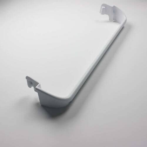 A side profile view of the curved white plastic support rail, showing its mounting hooks at the ends.