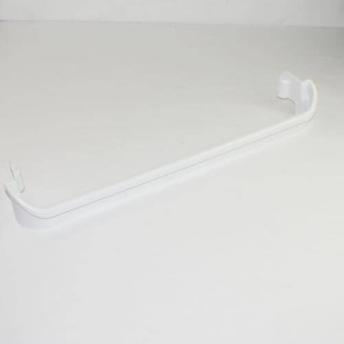 A white plastic refrigerator door rack support rail shown slightly angled against a white background.