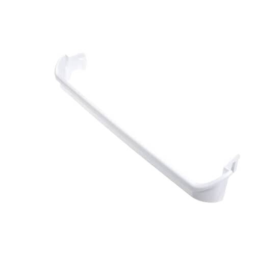 A top-down view of the white door rack support, clearly showing the curved shape and the mounting hooks at both ends.