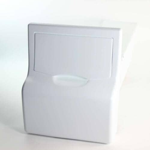 Front face of the ice container assembly, showing the white exterior panel with the on/off/test indicator markings.