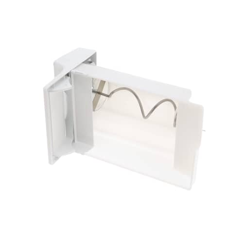 Side view of the ice container assembly showing the tall white housing and the internal black/white mold sections.