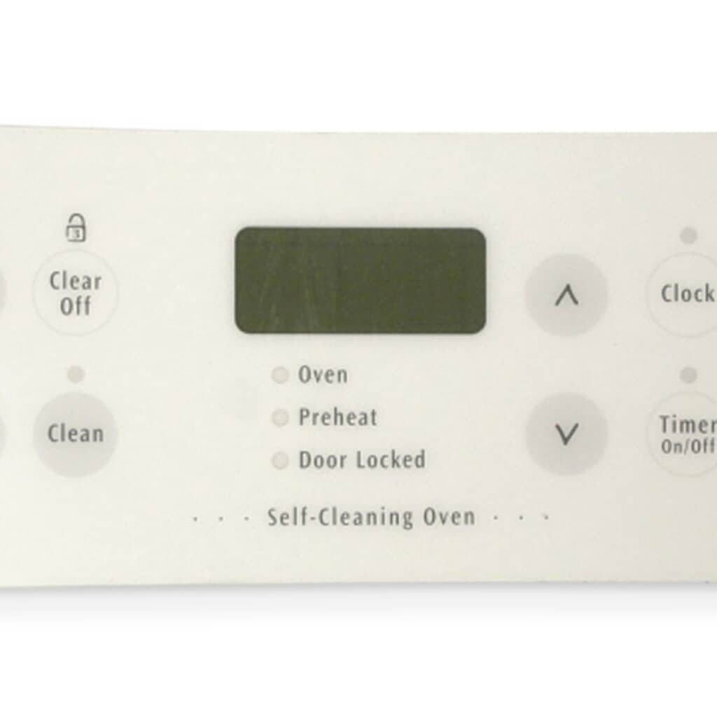Close-up of Electrolux 316220804 Overlay Clock White ES300 showing clear printed function buttons and display window alignment.