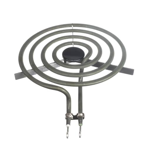 Close-up of the Electrolux 316442300 8-inch range heating element, featuring a sturdy spiral coil and two terminal prongs for secure electrical connections in electric cooktops.