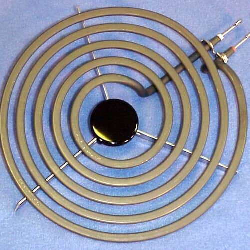Detailed close-up of Electrolux 316442301 8-inch surface element, showing the spiral coil structure and two terminal connections on either side for secure installation in electric cooktops.