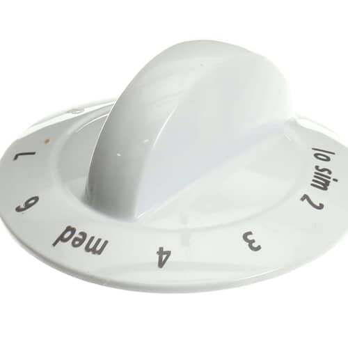 Front view of the Electrolux 318196633 white control knob with temperature markings (OFF to HI).