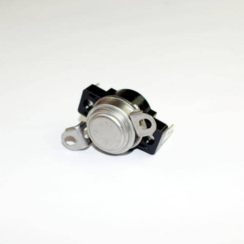 An angled view showing the electrical spade terminals and the metal mounting flange of the thermal switch.
