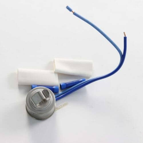 Electrolux defrost thermostat kit components laid out, showing the round metal sensor, wires, and metal mounting clips.