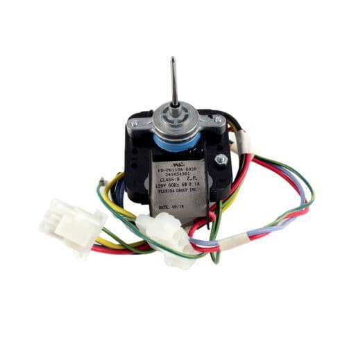 An evaporator fan motor assembly with a black body, copper windings visible, and a white wire harness with two connectors, set against a white background.
