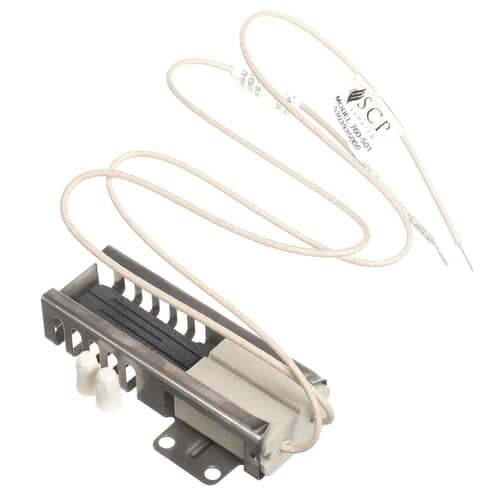 Side profile of the metal mounting bracket and ceramic base of the oven igniter component against a white background.