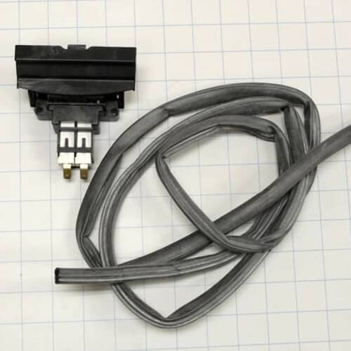 Electrolux 5304442175 latch mechanism shown next to the coiled black door gasket
