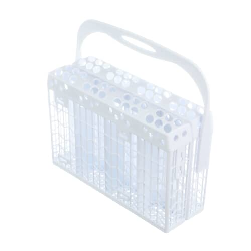 Angled view of the white plastic dishwasher silverware basket, showing the handle.