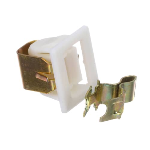 The Electrolux latch kit showing the white plastic switch housing, the gold-colored metal clip, and the associated parts against a white background.