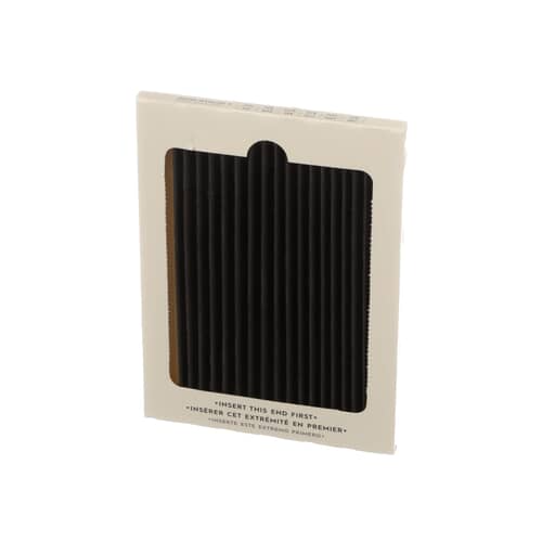 A view showing the pleated, dark carbon-activated media inside the cardboard frame of the air filter.