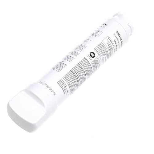 The white cylindrical refrigerator water filter with a blue cap end and printed labeling, shown at an angle against a white background.