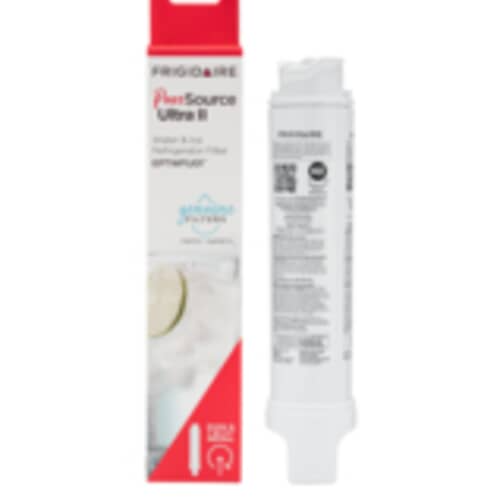 The Frigidaire PureSource Ultra II water filter box packaging, showing the filter cartridge visible through a cutout, set against a red and white graphic.