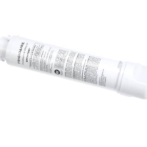 A close-up of the filter's label showing the "4" certification seal, NSF markings, and brand names like Whirlpool and Maytag.