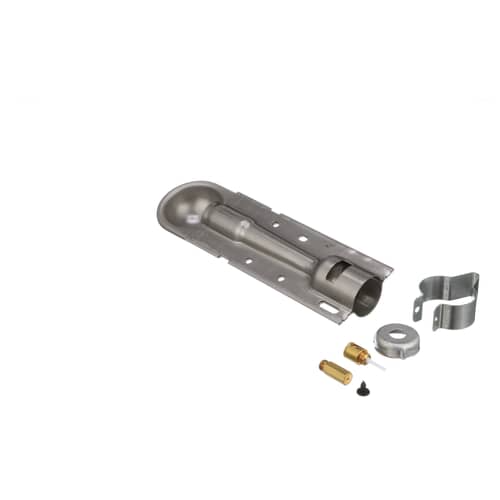 A set of brass LP conversion components, including a main orifice body with a white stem, a separate brass fitting, a black knob/screw, and a metal shield, on a white background.