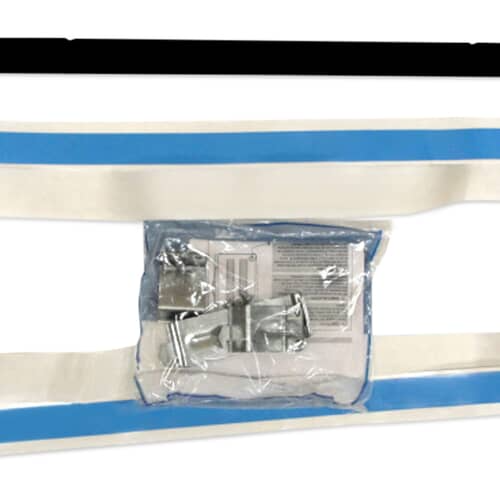 Close-up of the plastic bag containing the metal brackets and small screws/fasteners included in the stacking kit.