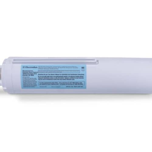 Close-up of the filter label showing NSF certification marks and technical specifications on the white body.