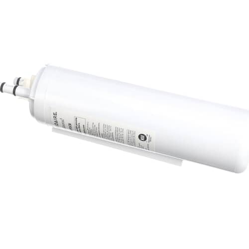 The white cylindrical filter cartridge shown at an angle against a white background, displaying the dual push-in connection stems.