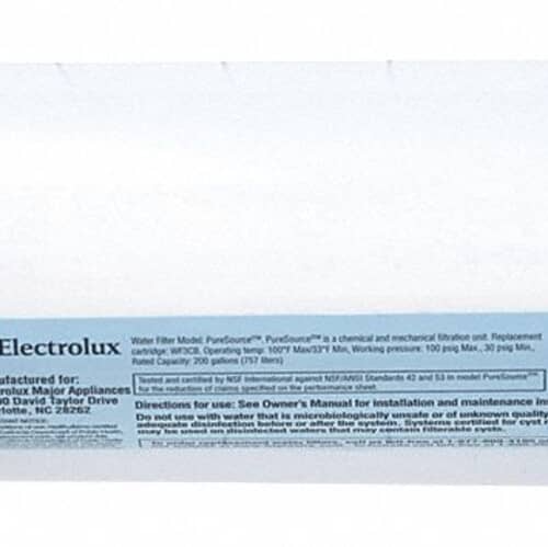 Close-up view of the white filter body showing the Electrolux branding and NSF certification marks.