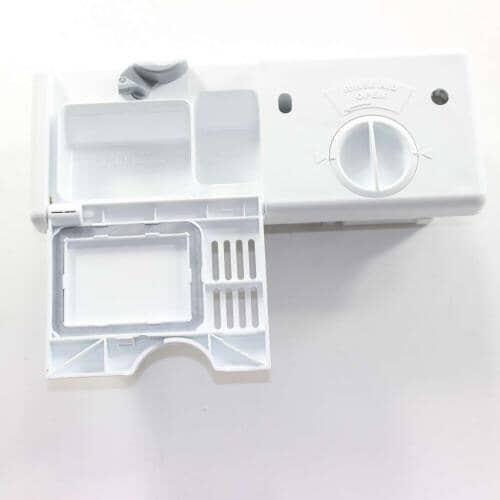 Electrolux 154574401 OEM dishwasher detergent and rinse aid dispenser assembly front view.