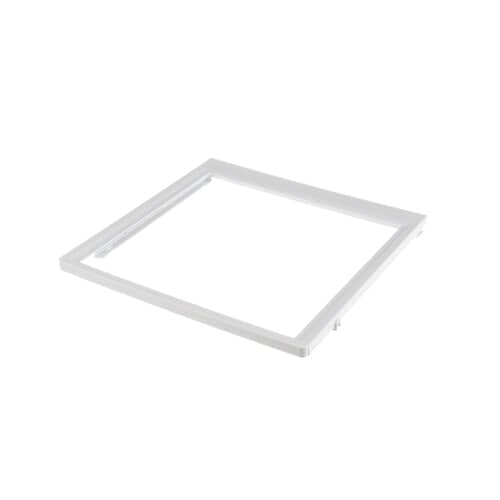 Angled view of Electrolux 240350903 refrigerator crisper pan cover used to support lower glass shelf.