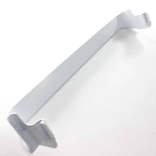 Front angled view of Electrolux 240534801 refrigerator door rack bar showing white plastic finish and end hooks.