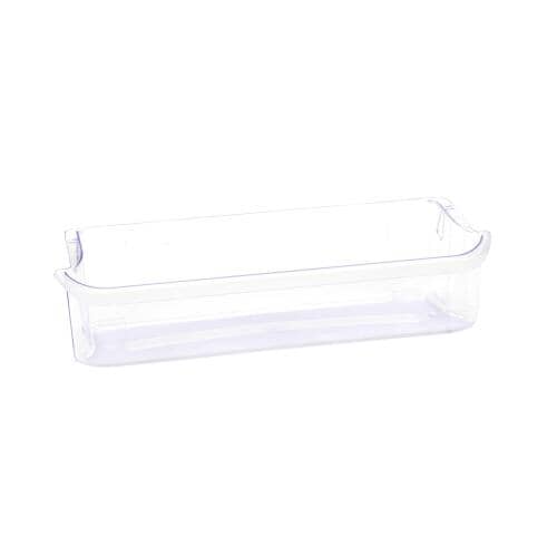 Angled view of Electrolux 241505301 refrigerator door bin showing clear plastic design for bottle and condiment storage.
